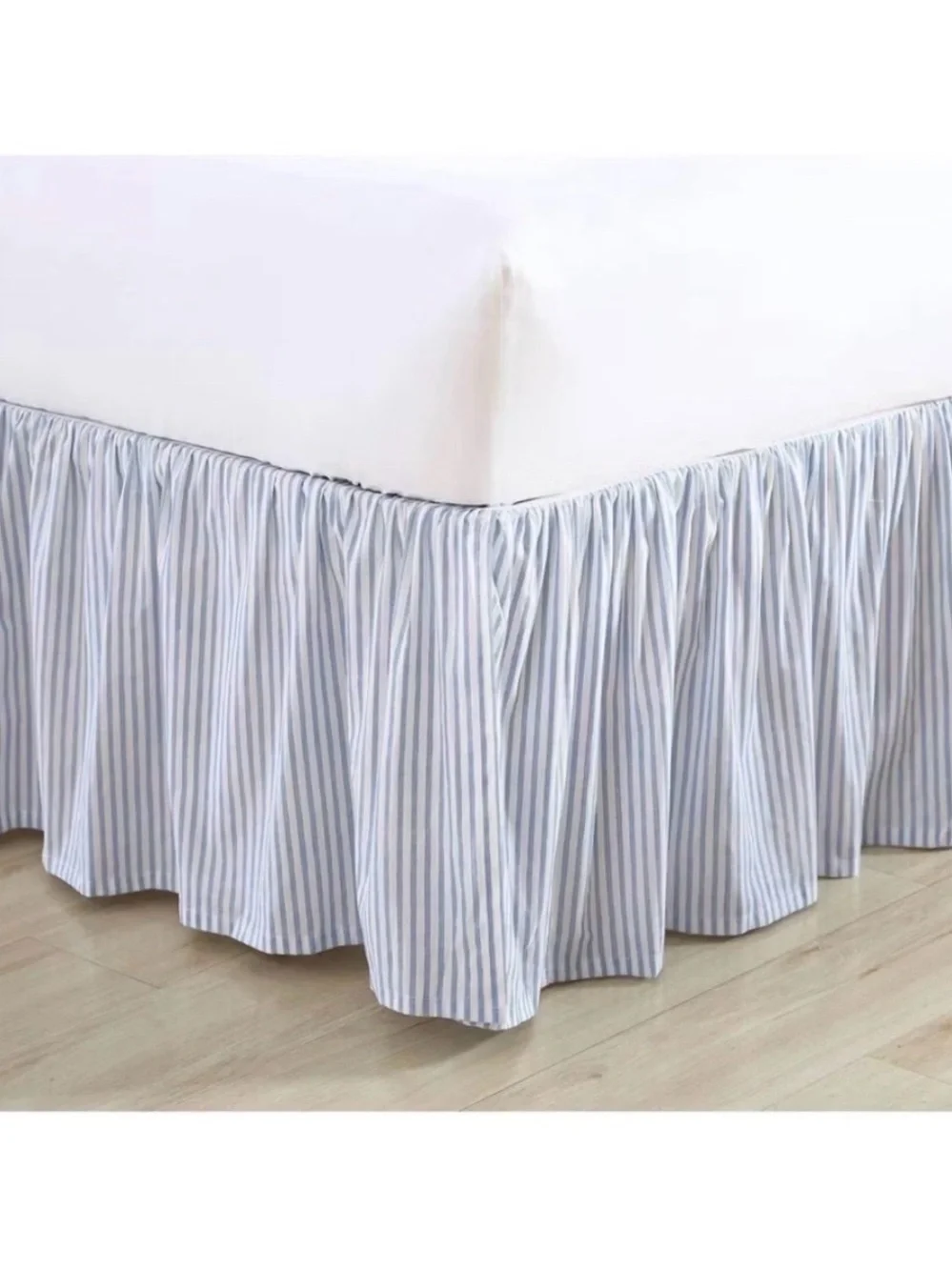 Cottage Charm KING Laura Ashley Bedskirt Classic Ticking Stripe Blue Ruffle